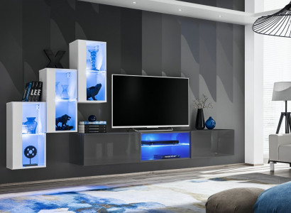 Grau Sideboard TV-Ständer Garnitur Wohnwand Komplett Wand Regale Wandschrank